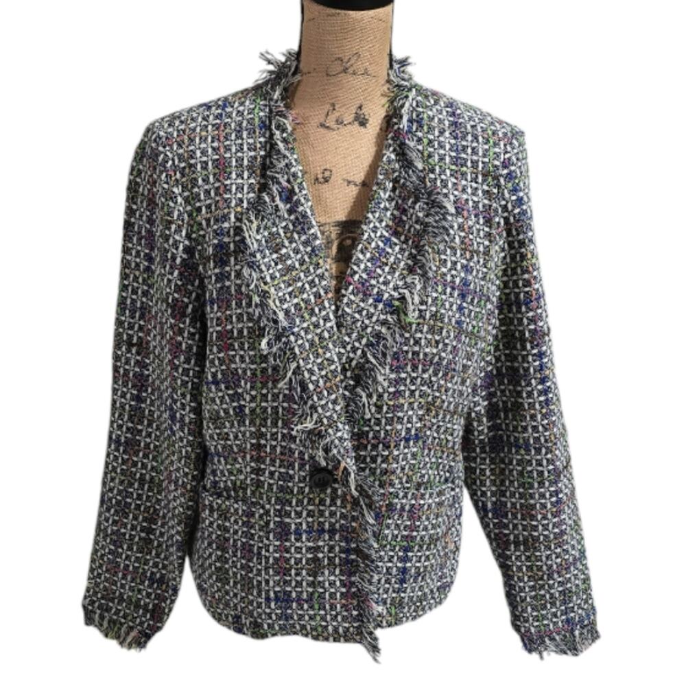 MDL Multicolor Plaid Tweed‎ Fringe Blazer Jacket Size 14